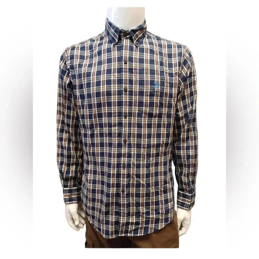 U.S. Polo Assn Brown Plaid Long Sleeve Dress Shirt Size Medium